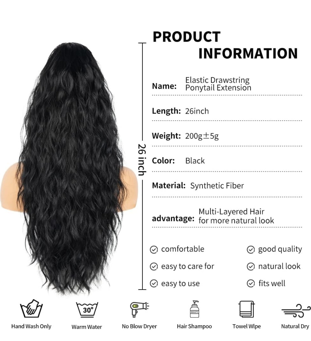26 inch Black Ponytail Extension, Drawstring Ponytail